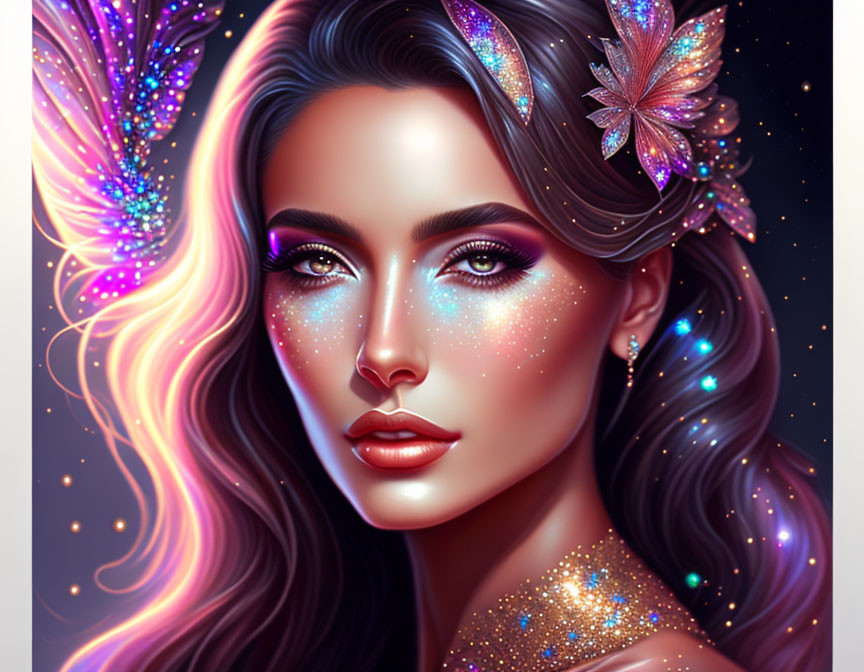 Digital artwork: Woman with glowing makeup, colorful hair, butterfly, magical aura