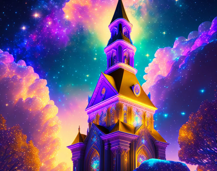 Vibrant Fantasy Castle with Stained Glass Against Cosmic Sky