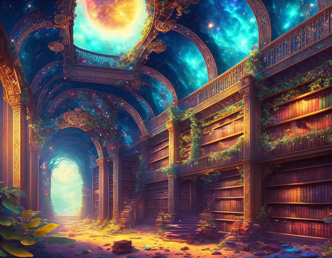 Cosmic Ceiling Art in Enchanting Greenery Library