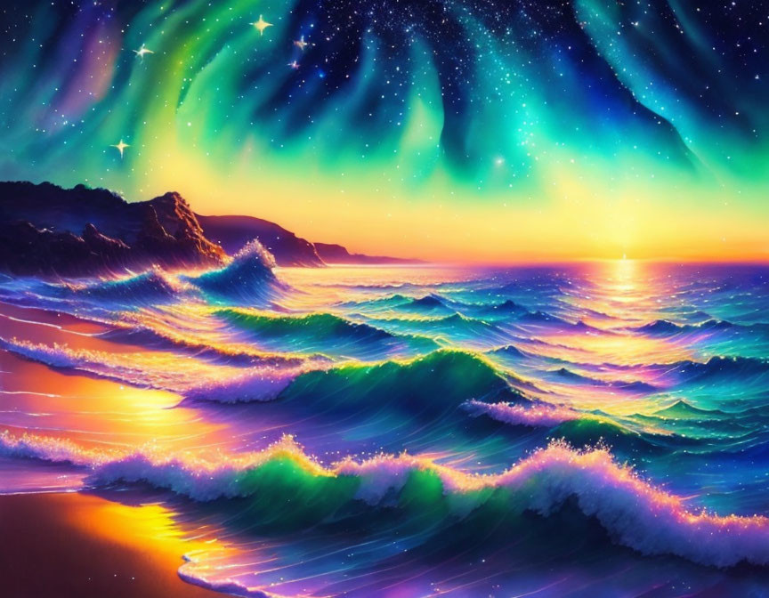 Scenic beach sunset with radiant waves and starry sky glow