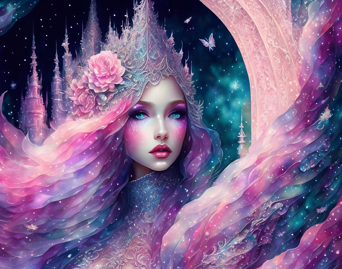 Fantasy illustration of woman with multicolored hair, floral crown, castle, butterflies, starry