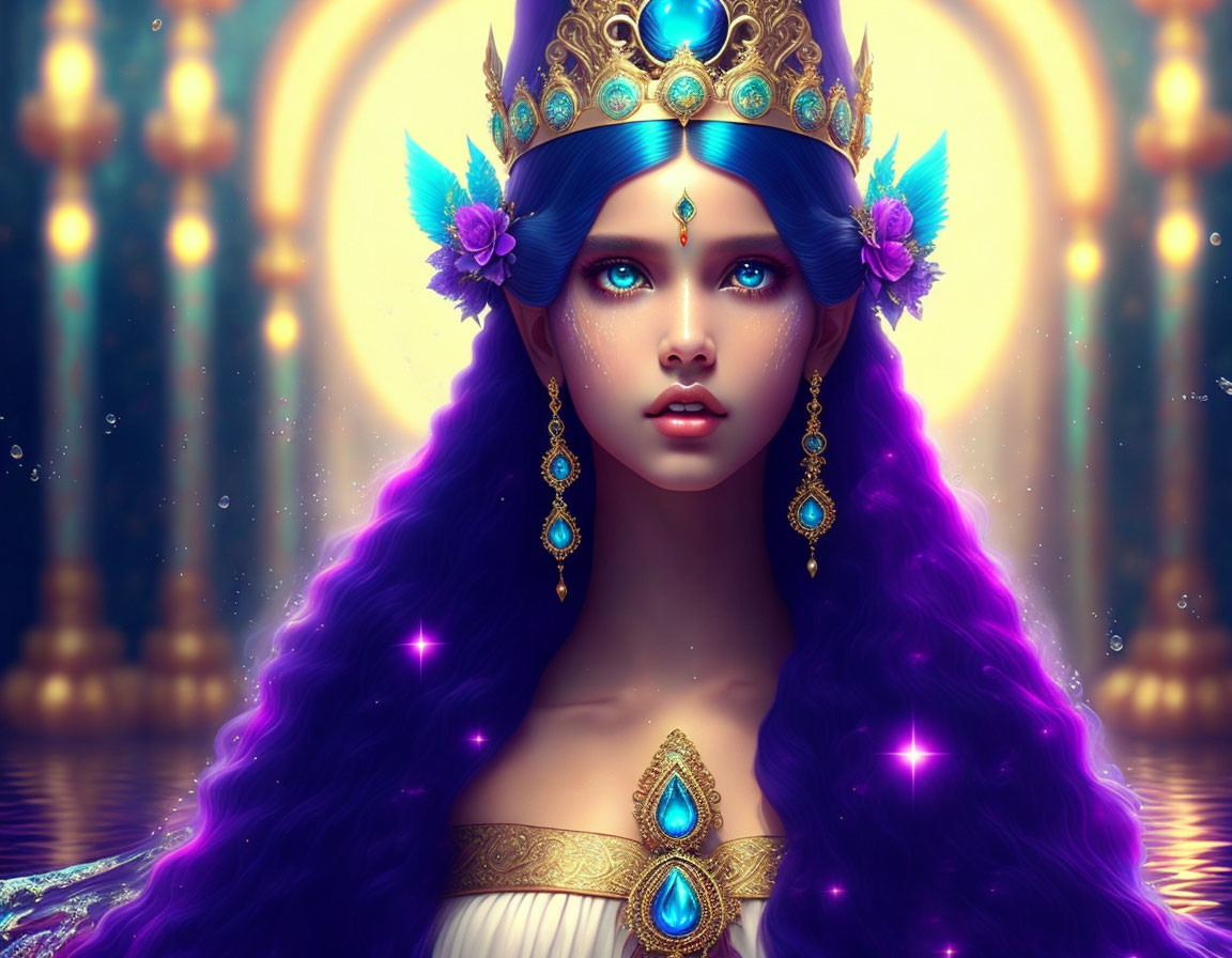 Fantasy queen digital art: purple hair, blue eyes, ornate crown