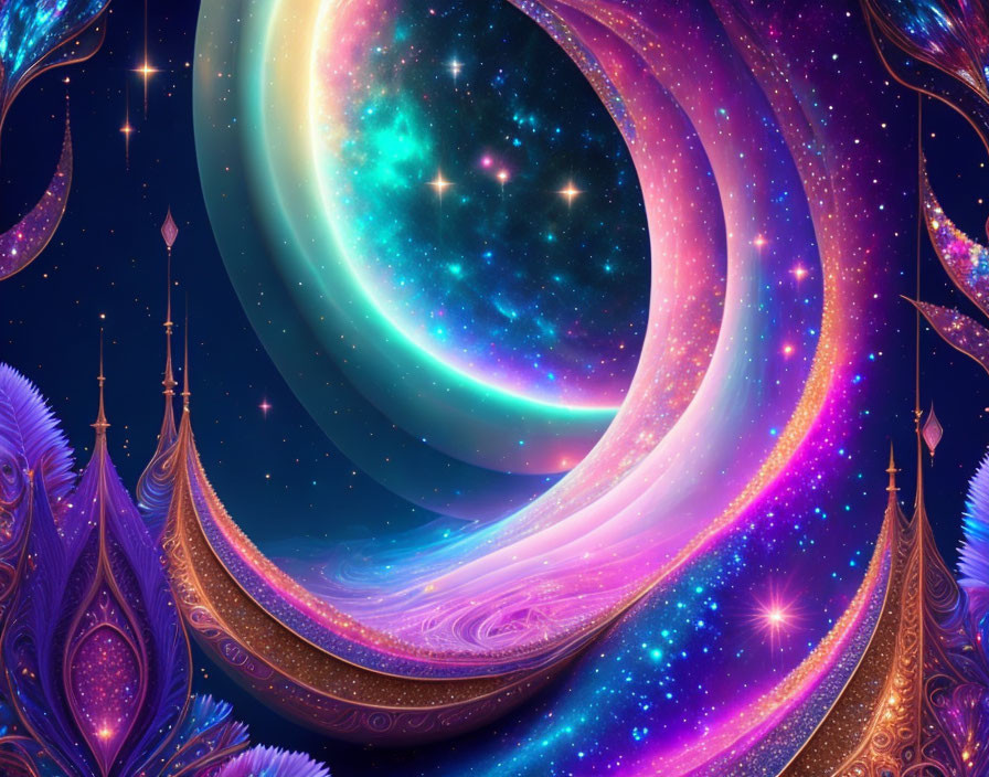 Cosmic digital artwork with nebulas, stars, and alien structures