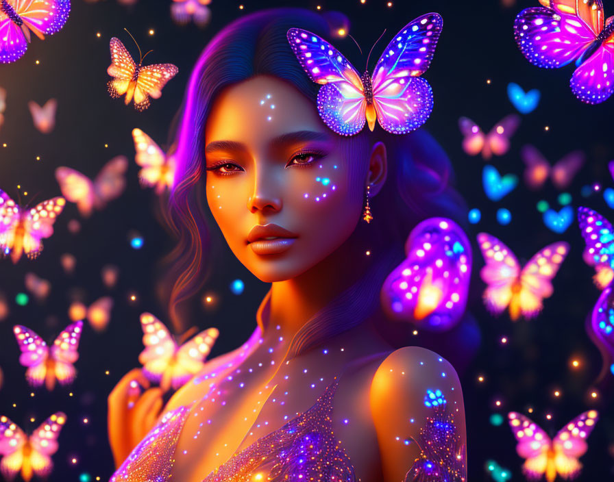 Digital Artwork: Woman with Luminescent Butterflies in Magical Ambiance