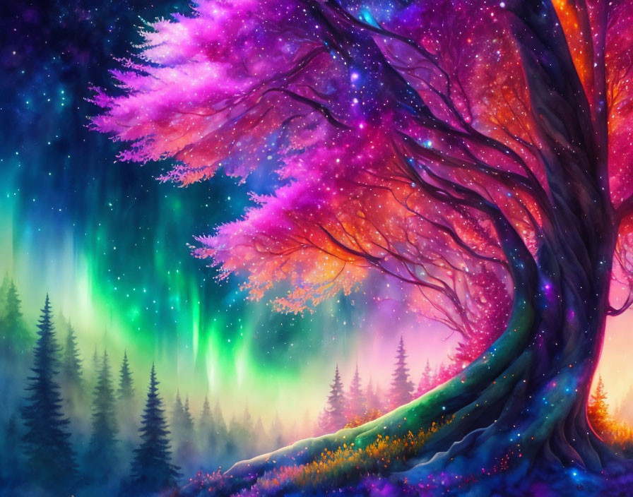 Colorful tree under night sky with northern lights above forest and meadow