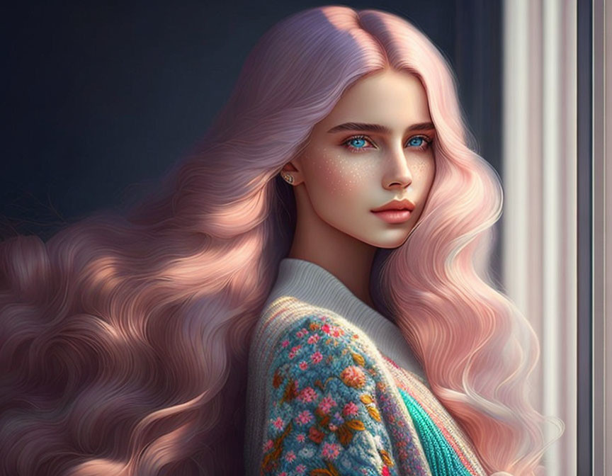 Digital artwork: Woman with pink hair, blue eyes, freckles, floral sweater