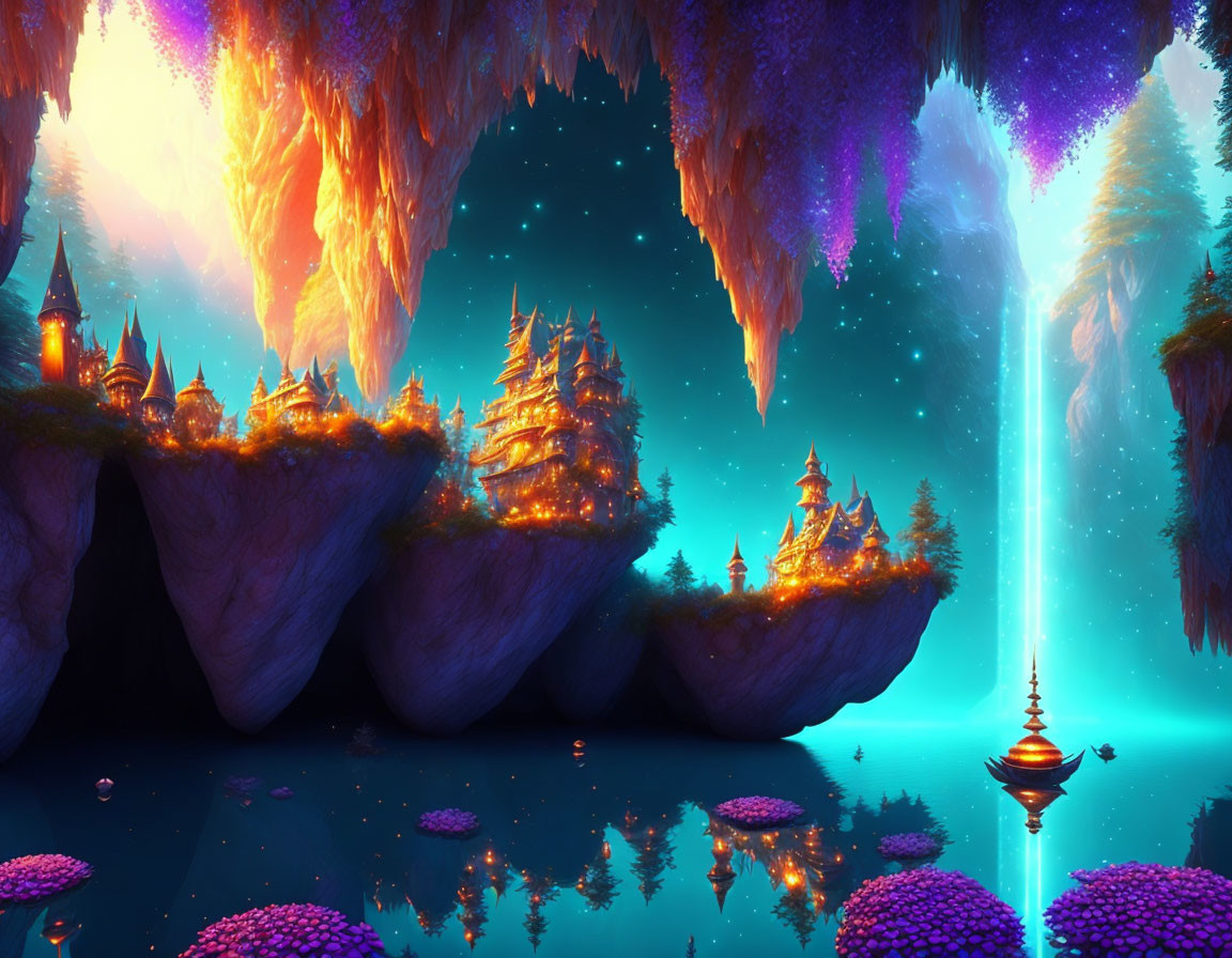 Fantasy landscape with floating islands, castles, glowing trees, waterfalls, and reflective lake