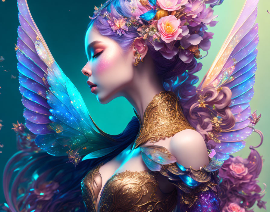 Fantasy figure with iridescent butterfly wings and gold attire