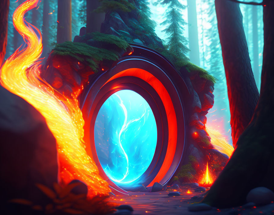 Mystical portal with fiery edges in enchanted forest