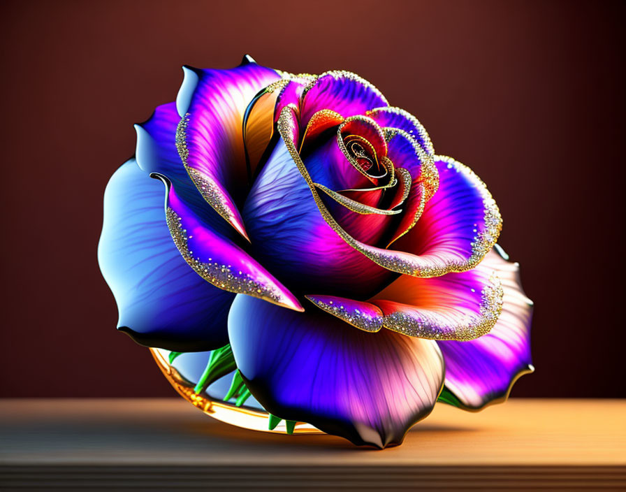 Colorful Glitter-Edged Rose on Warm Brown Background