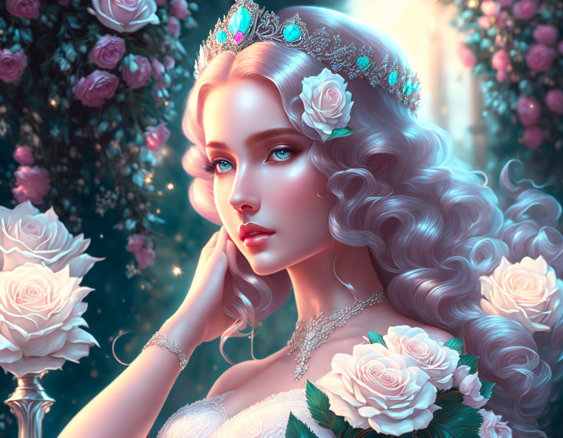 Illustration of woman with long, wavy hair, crown & roses, emitting ethereal regal