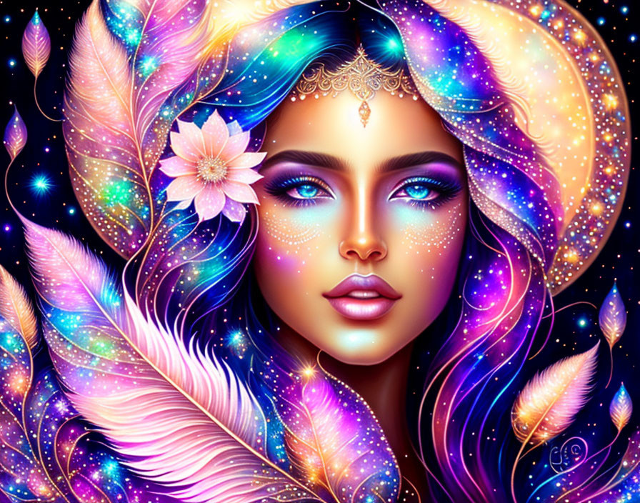 Colorful digital artwork: Woman with feathers and celestial motifs in blues, purples, and p