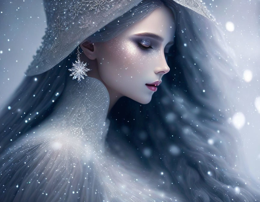 Pale-skinned woman in snowflake cape and hat illustration