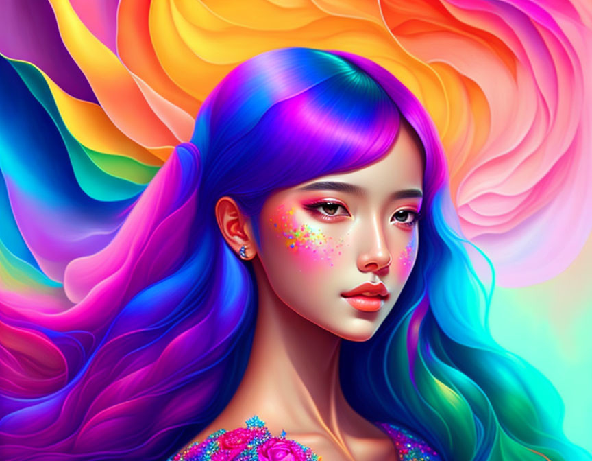 Colorful digital artwork: Woman with multicolored hair & vibrant floral elements