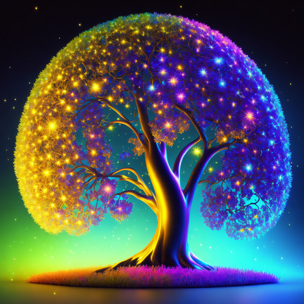 Vibrant fantasy tree illustration with colorful aura and sparkling lights