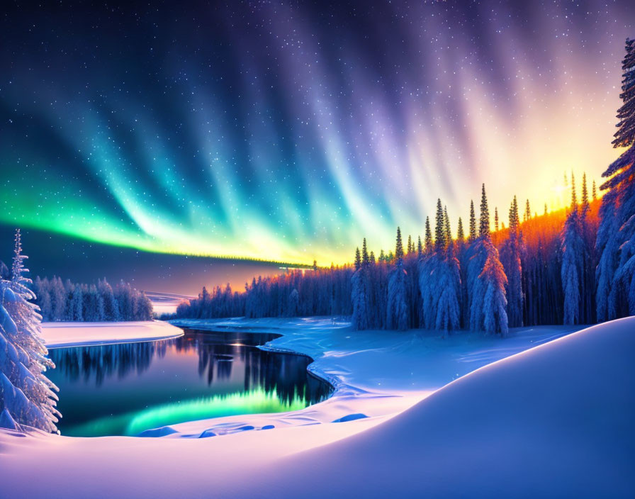 Vibrant aurora borealis over snowy winter landscape