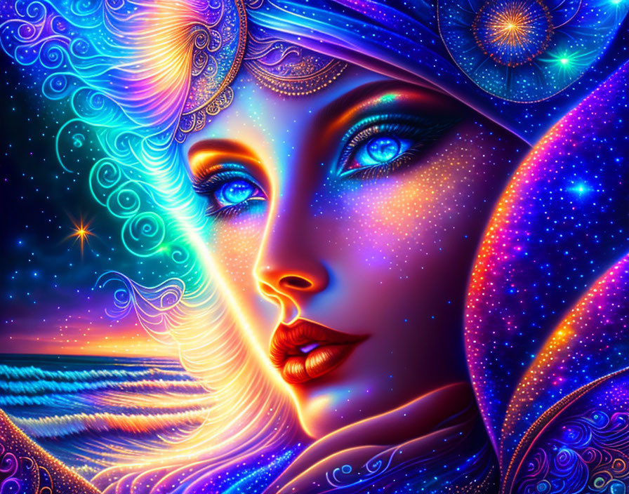 Colorful digital artwork: Woman's face with cosmic theme