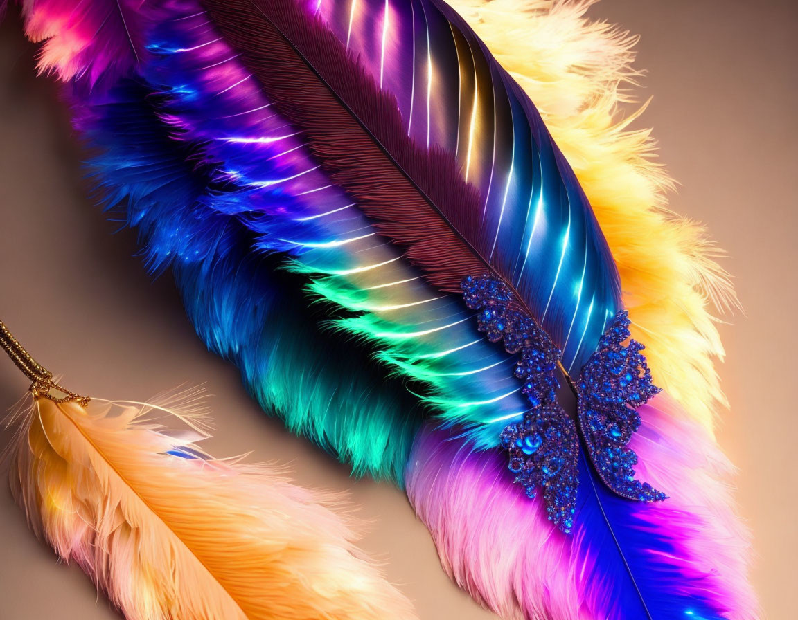 Colorful Feather with Blue Jeweled Adornment