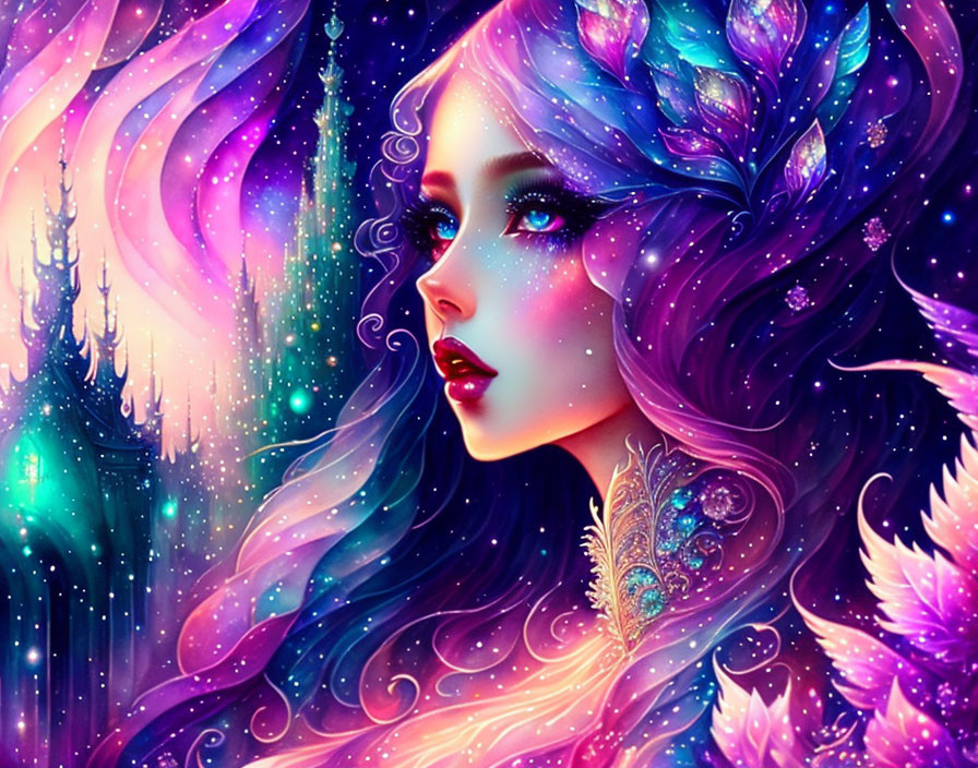 Fantastical Female Figure in Purple and Blue with Glittering Stars