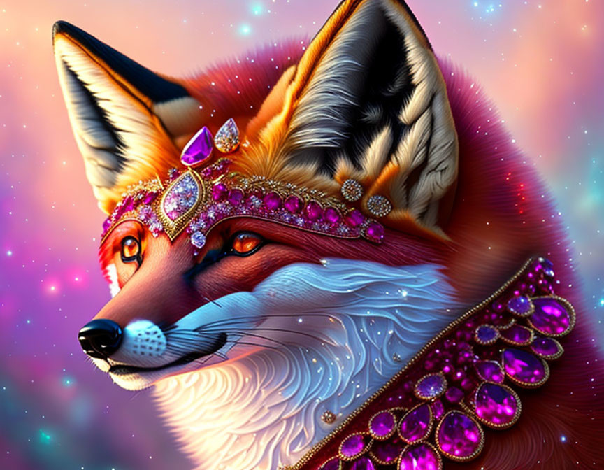 Colorful Fox Illustration with Gem-Studded Jewelry on Cosmic Background