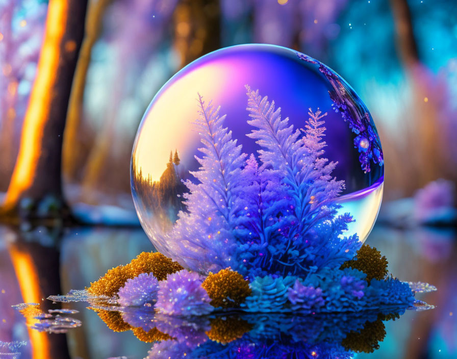 Colorful crystal ball reflecting tree on surreal backdrop with mirror-like surface