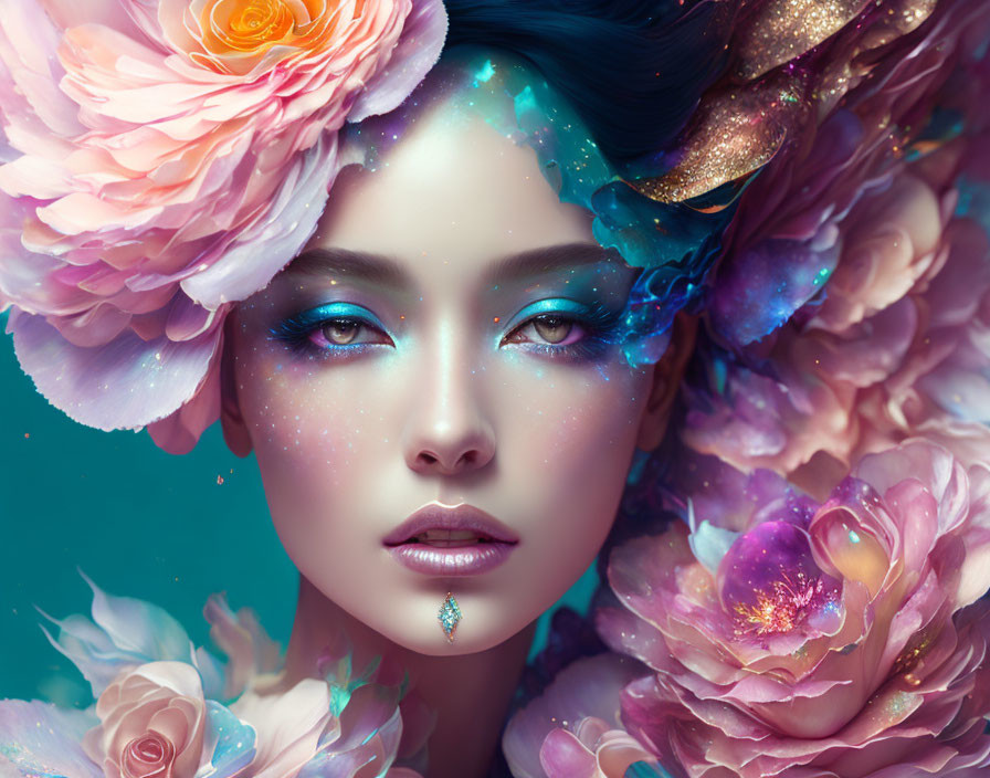 Fantastical portrait of a woman with galaxy makeup and oversized pastel flowers