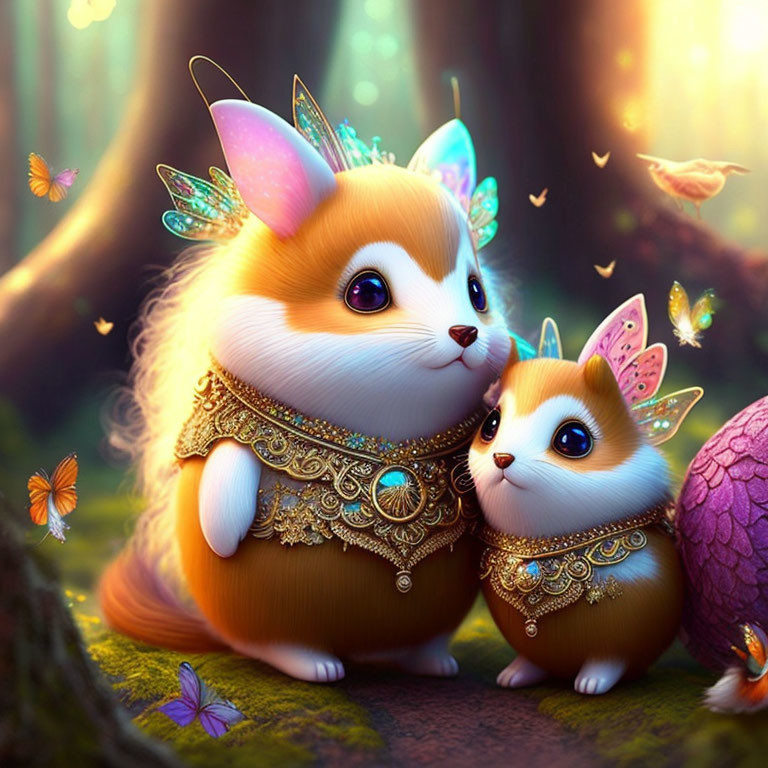 Enchanted anthropomorphic corgis with butterfly wings in a magical forest