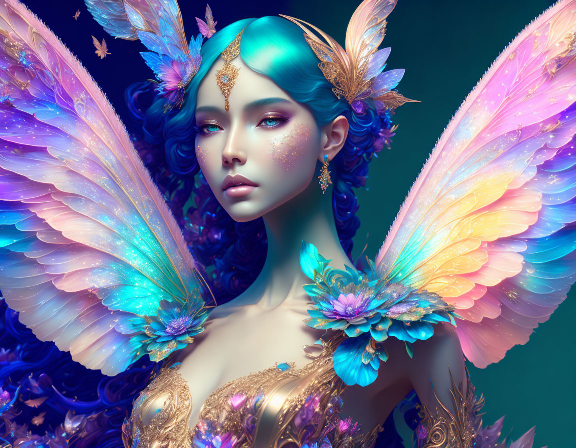 Vibrant female figure with colorful butterfly wings and golden jewelry in teal setting