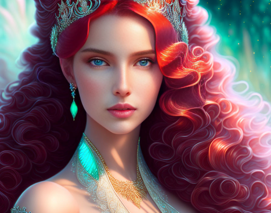 Digital Artwork: Woman with Red Hair, Crown, and Ornate Dress on Green Background