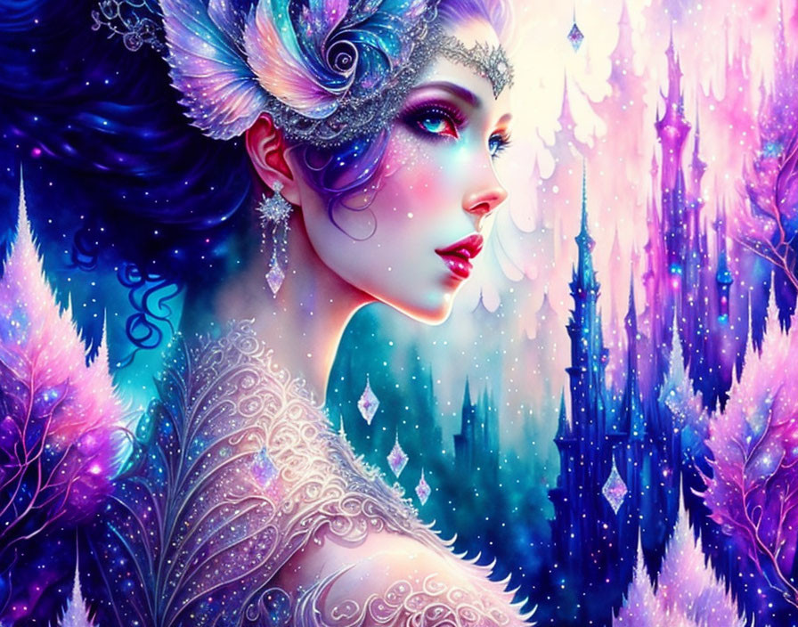 Colorful digital artwork: Woman with fantasy makeup in mystical forest