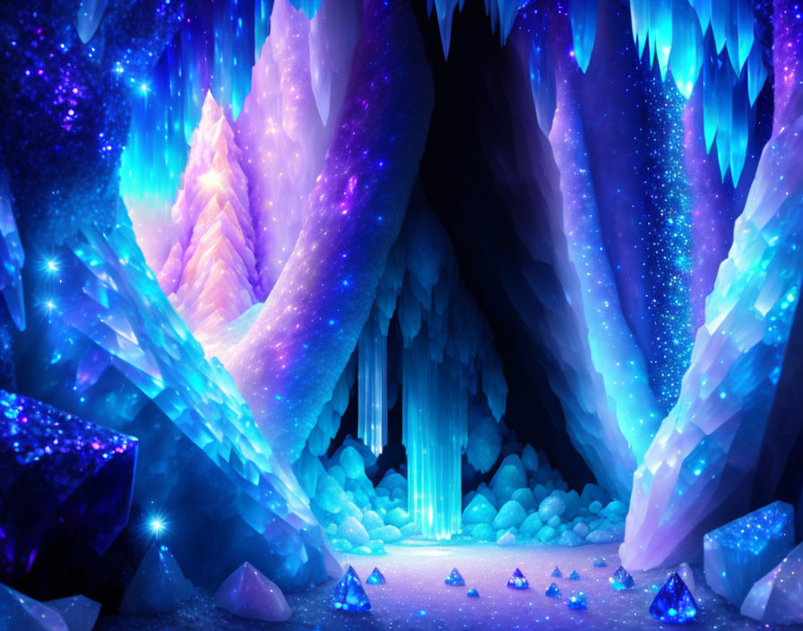 Luminescent crystal cave with sparkling stalactites in vivid blue and purple tones