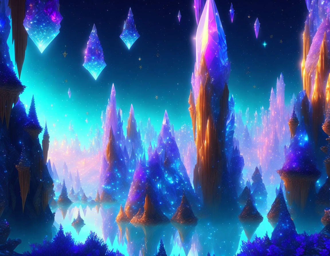 Fantastical landscape with floating crystals and luminous trees