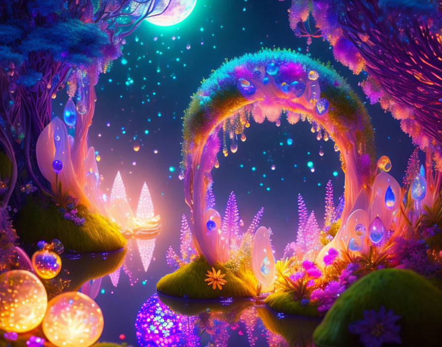 Vibrant fantasy night landscape with glowing plants, luminous archway, reflective water, starry