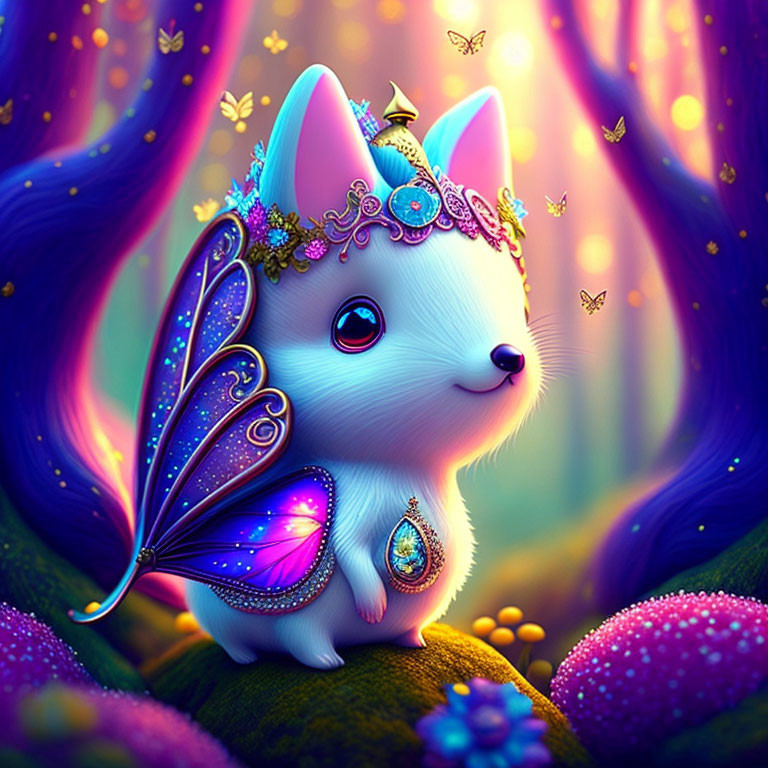 Fantasy creature with butterfly wings in magical forest landscape