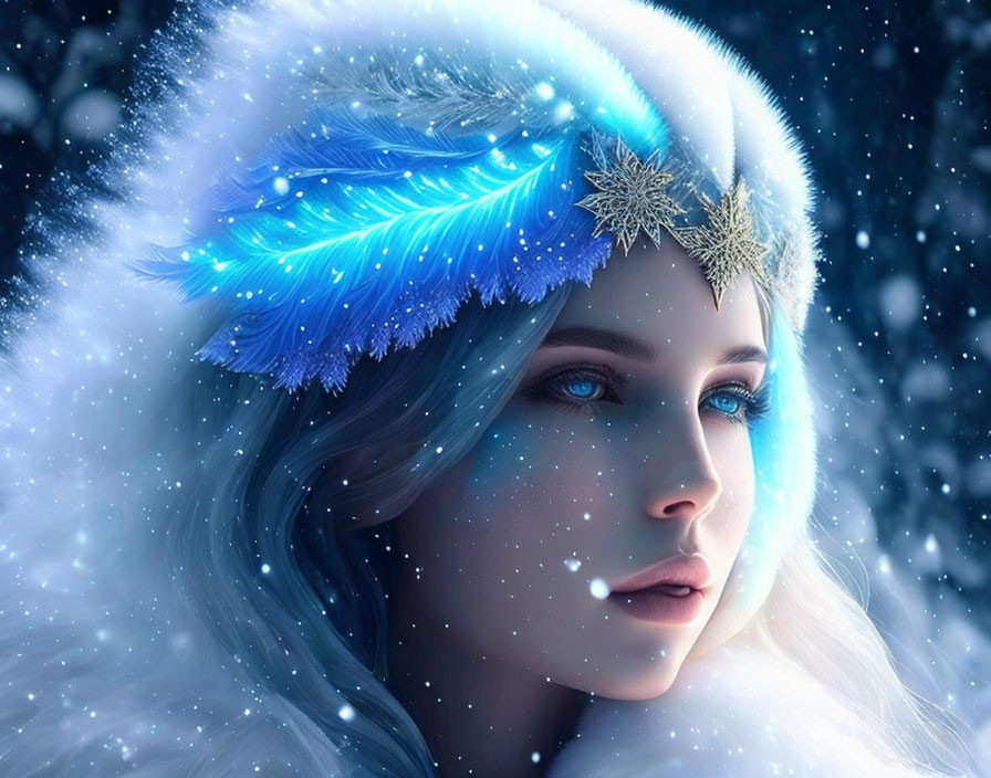 Fantasy image: Woman with pale skin and blue eyes in white fur hood with blue feather, snow