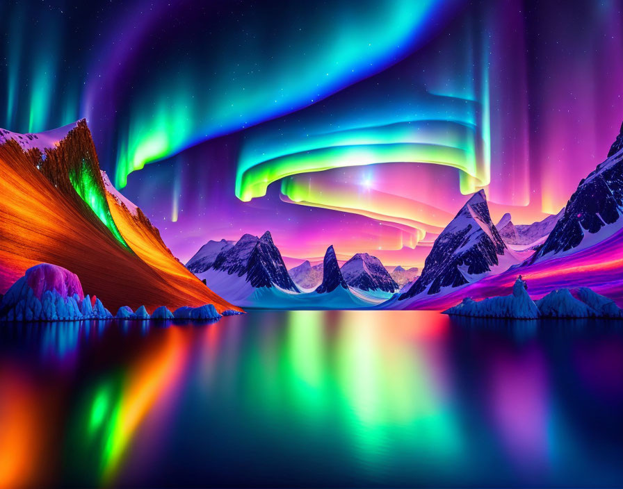 Colorful aurora borealis above mountain landscape with lake reflections