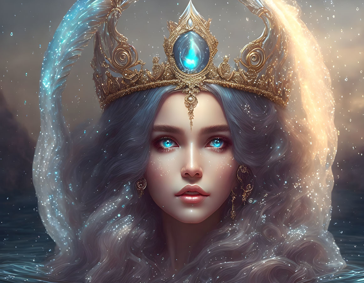 Young woman with luminous blue eyes and golden headpiece in fantasy portrait