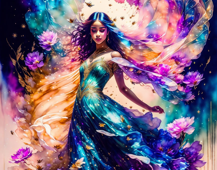 Colorful Artwork: Ethereal Woman in Flowing Dress with Cosmic Energy