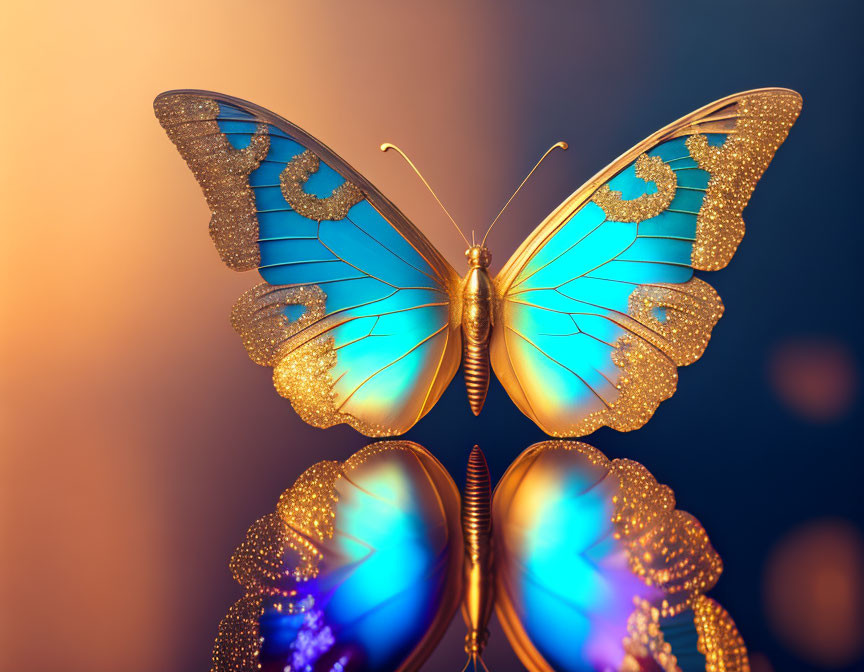 Blue butterfly with intricate wing patterns on reflective surface.