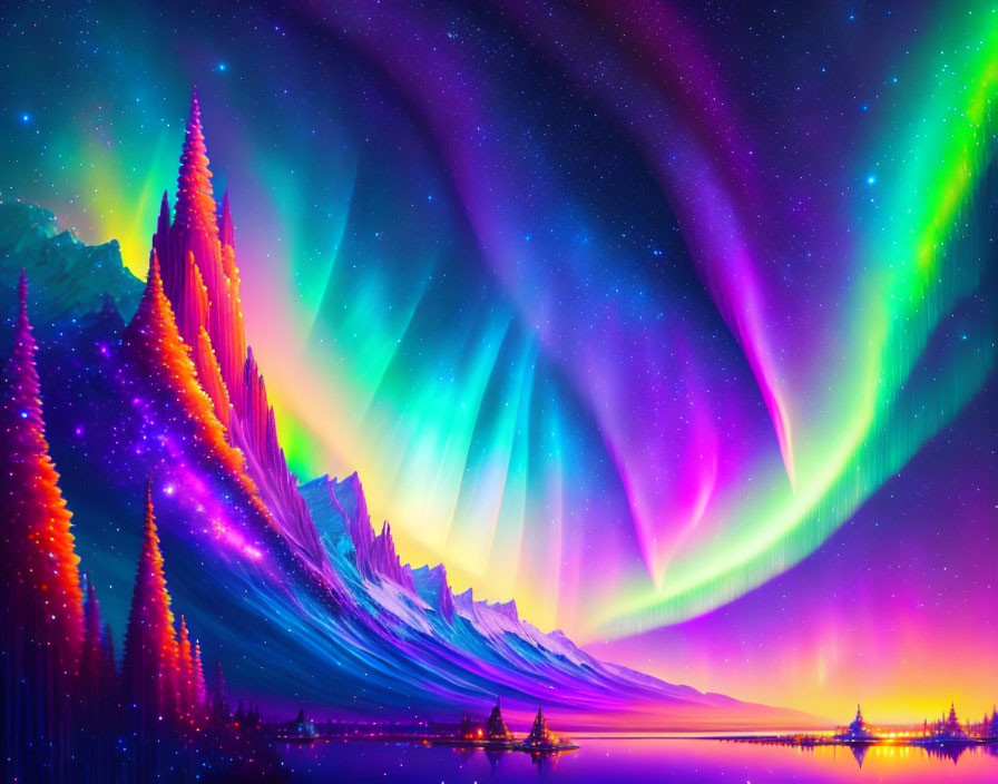 Digital Art: Aurora over Mountain Peaks with Neon Pink and Blue Hues