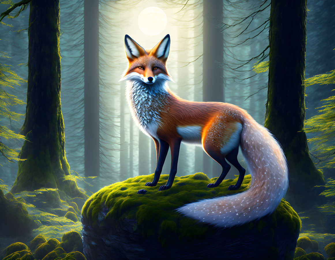 Red fox on mossy rock in mystical forest with sunbeams