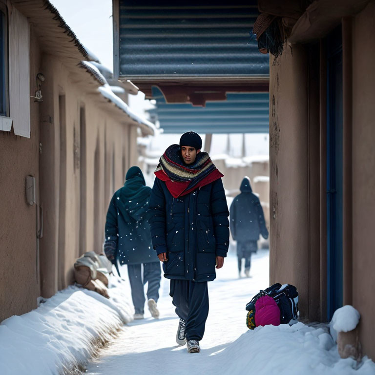 Person in Blue Coat Walking in Snowy Alleyway