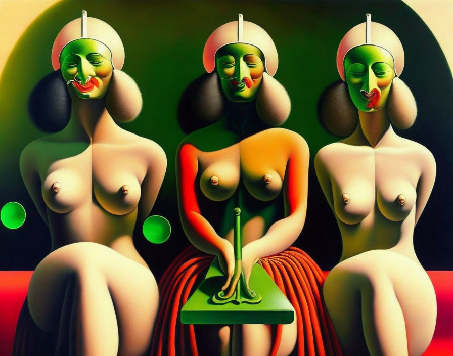 Surreal figures seated against abstract green and black backdrop