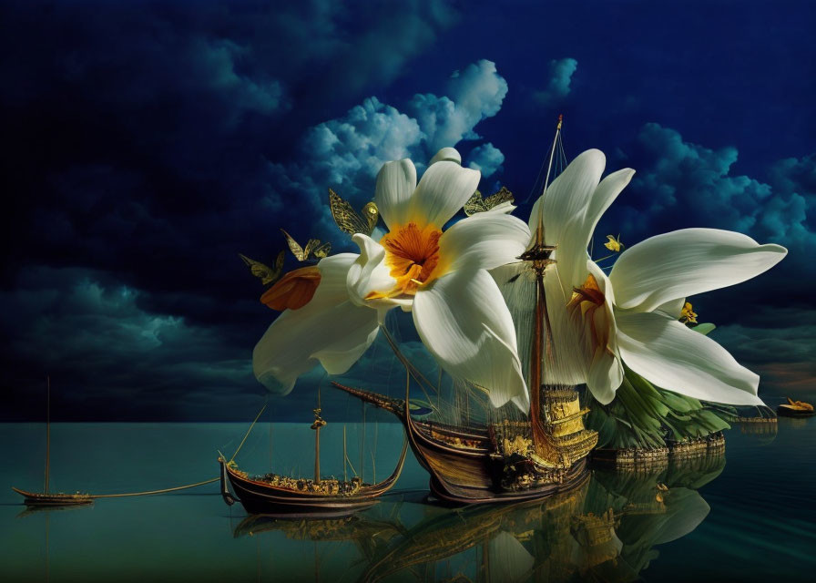 Surreal sailboat and flowers on tranquil sea with dramatic sky