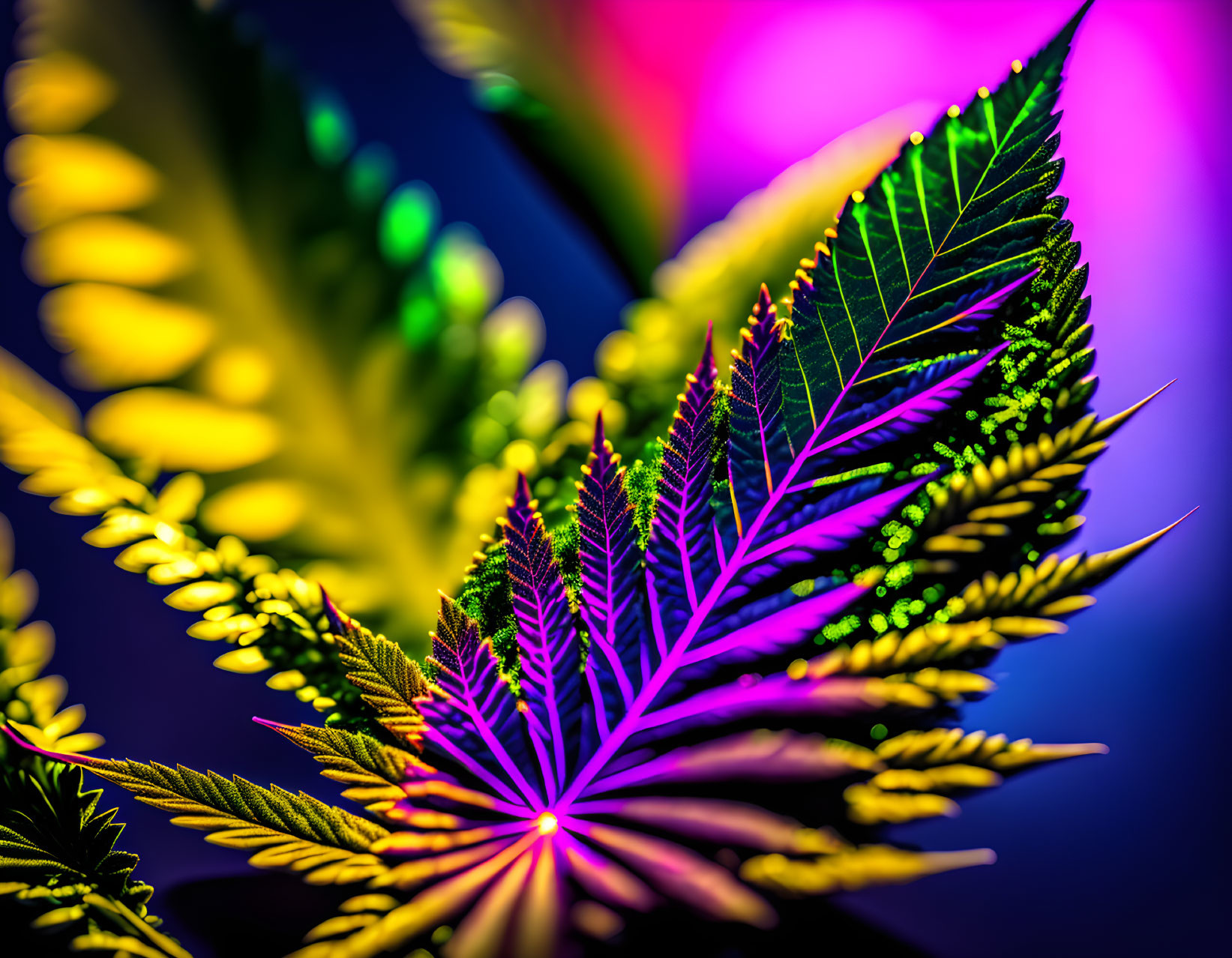 Detailed close-up of illuminated fern leaf against colorful backdrop