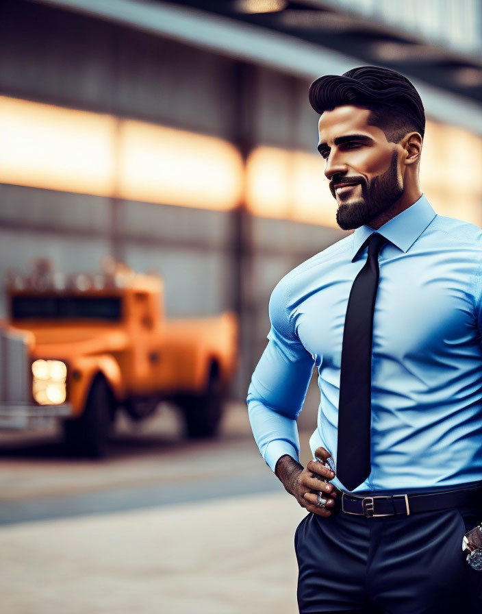 Well-groomed man in blue shirt and tie in urban setting