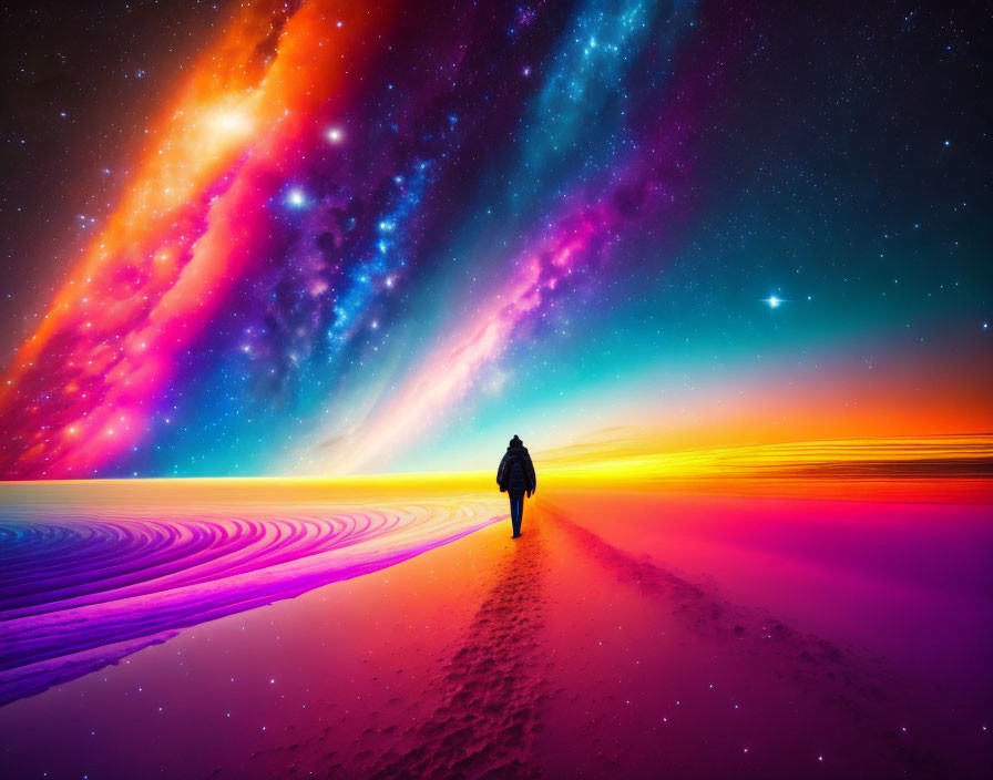 Vibrant surreal landscape with neon skies and cosmic elements