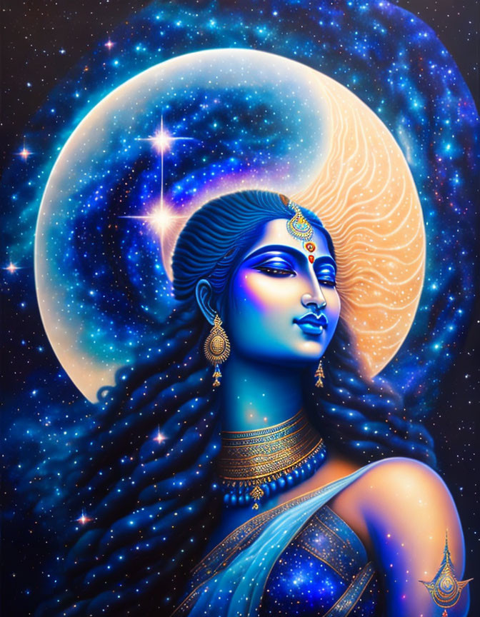 Blue-skinned woman adorned with jewelry under moonlit sky