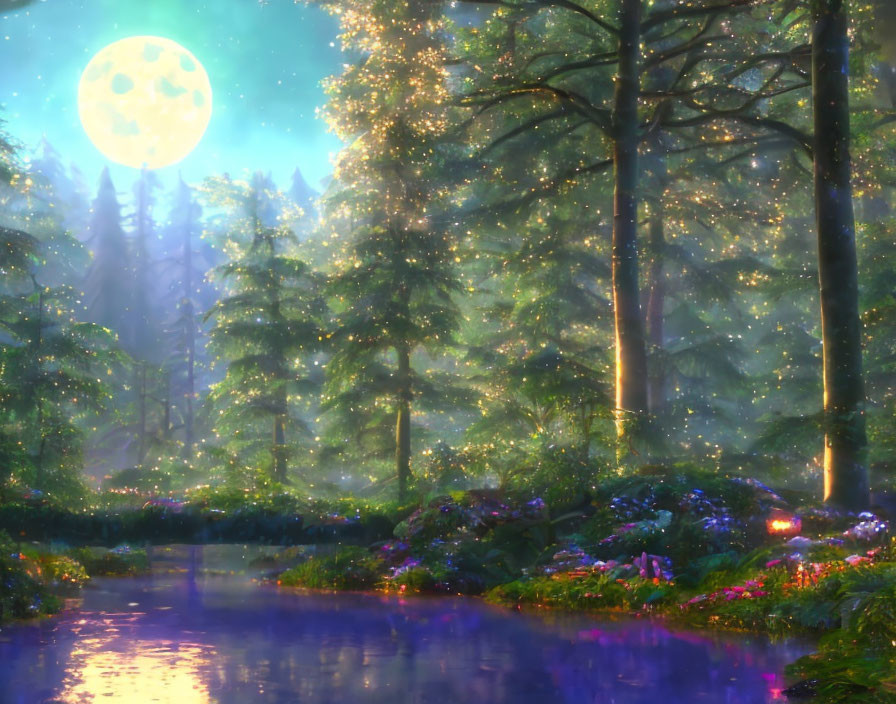 Serene fantasy forest at night with full moon, fireflies, stream, trees, flowers