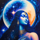 Blue-skinned woman adorned with jewelry under moonlit sky